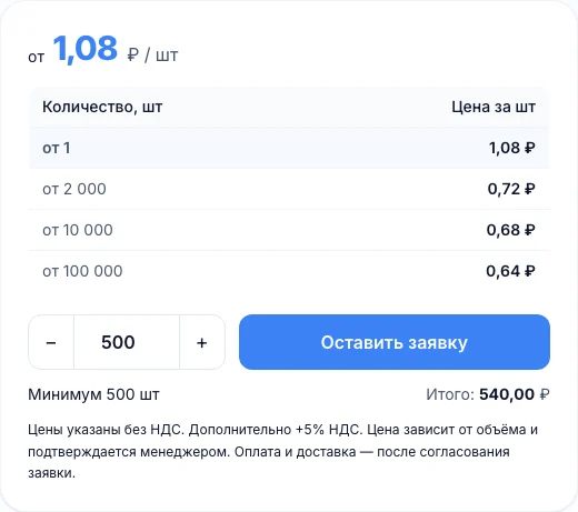Блок выбора количества и кнопка «Оставить заявку» в карточке товара Levanta